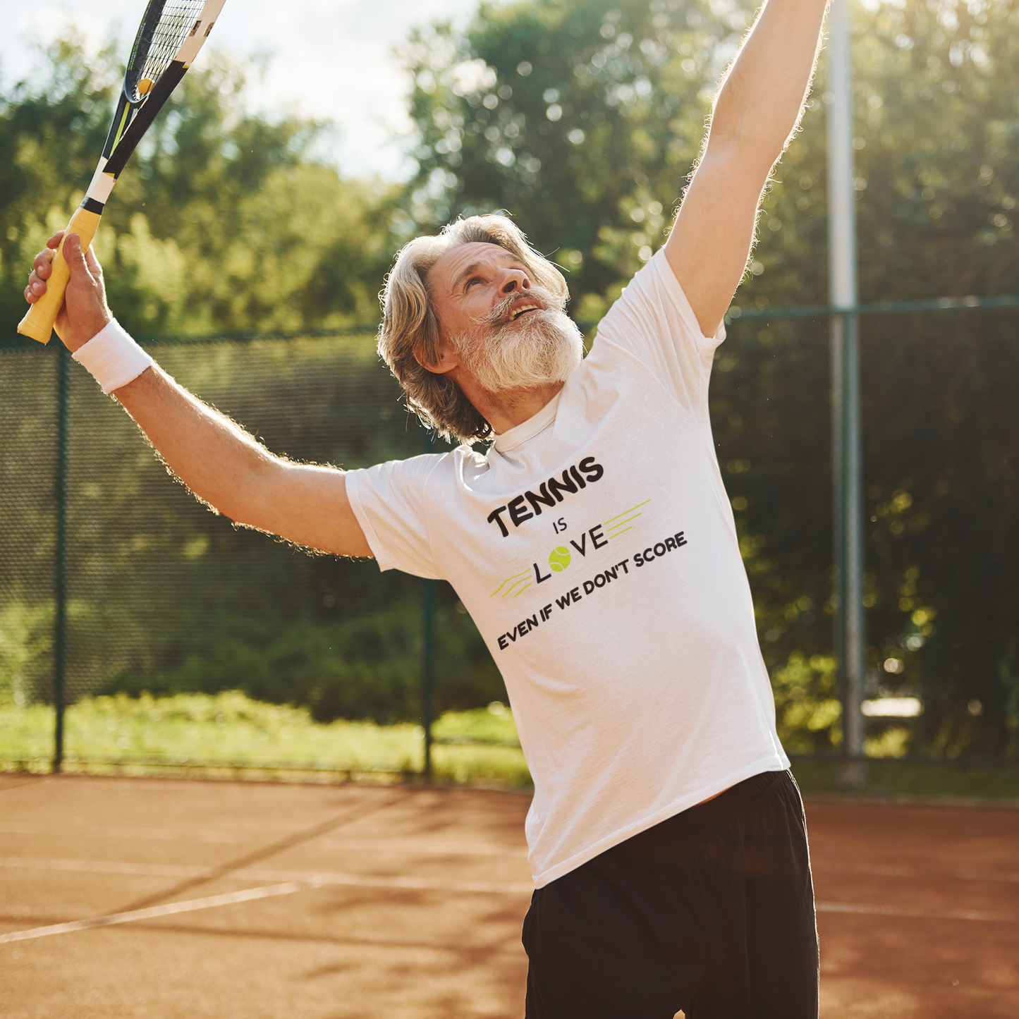 Tennis player wearing t-shirt from My Weekend Tees with text Tennis is love even if we don't score