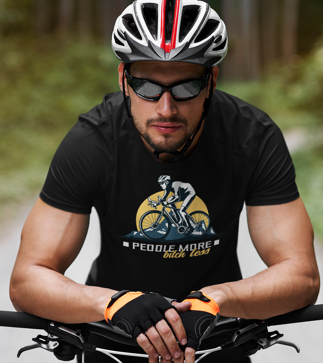 Cyclist wearing My Weekend Tees shirt with quote Peddle More Bitch Less with Image of Cyclist