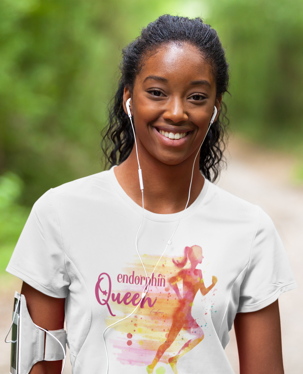 Young woman wearing My Weekend Tee Shirt with Quote Endorphin Queen with image of runner