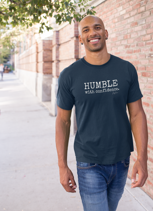 Attractice man wearing My Weekend Tee shirt with quote Humble with confidence