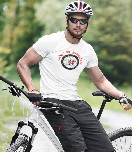 Cyclist wearing t-shirt from My Weekend Tees with image of wheel with quote Living in Wheel Time