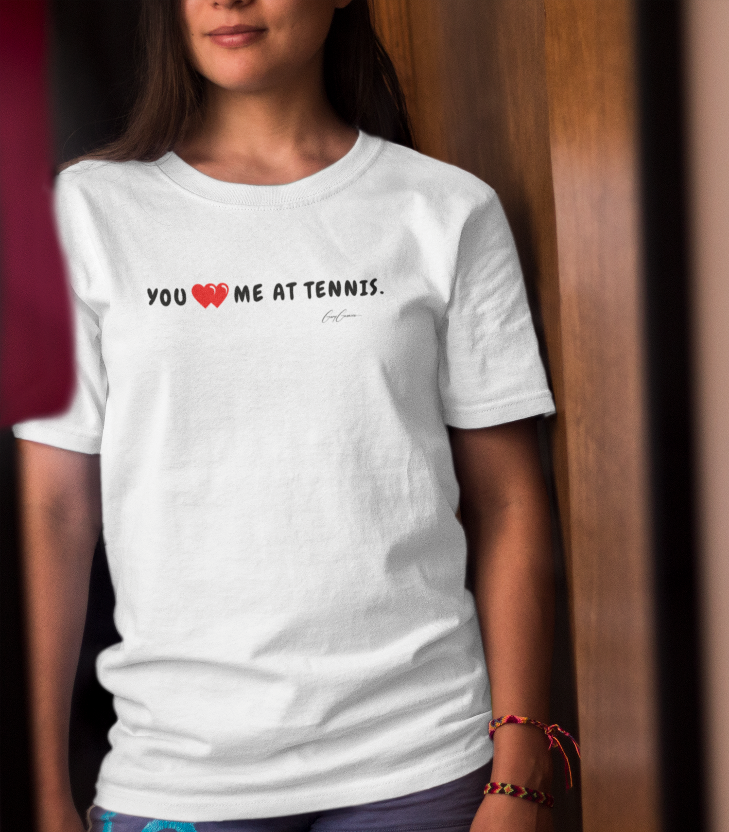 Attractive female wearing t-shirt from My Weekend Tees with quote You Had Me At Tennis T-Shirt