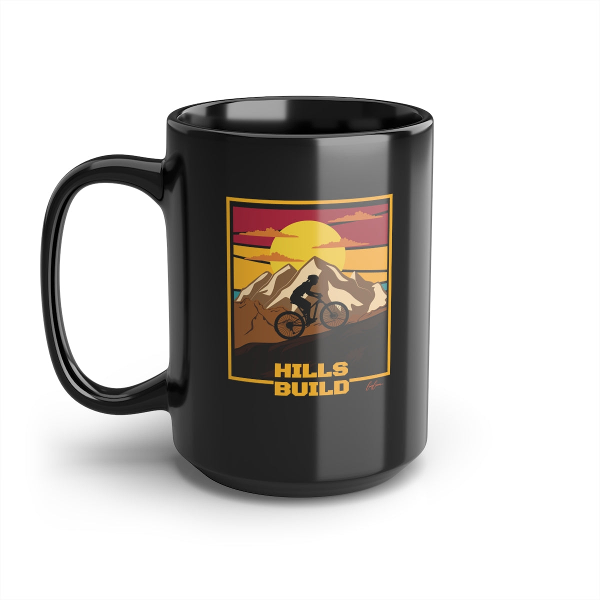 Hills Build Ceramic Black Cycling Coffee Mug, 15oz