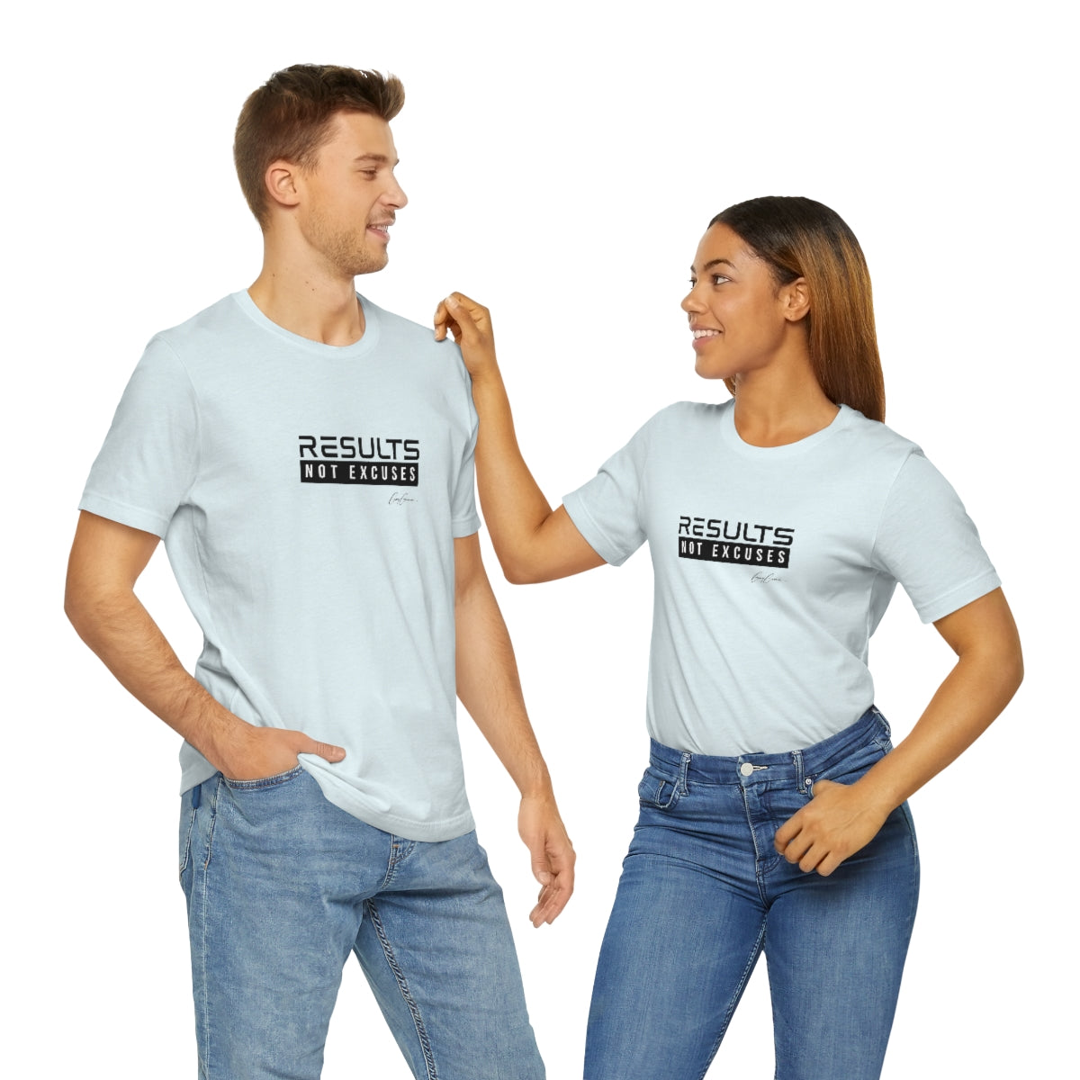 Couple-wearing-matching-t-shirts-with-quote-Results-Not-Excuses