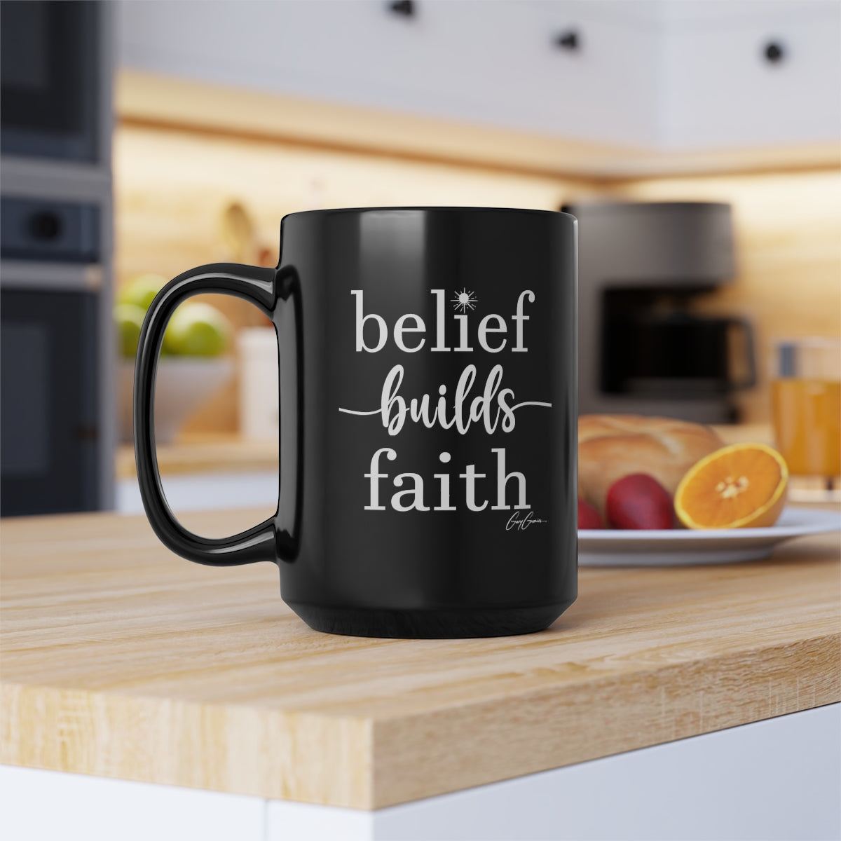 Belief Builds Faith Black Ceramic Coffee Mug, 15oz