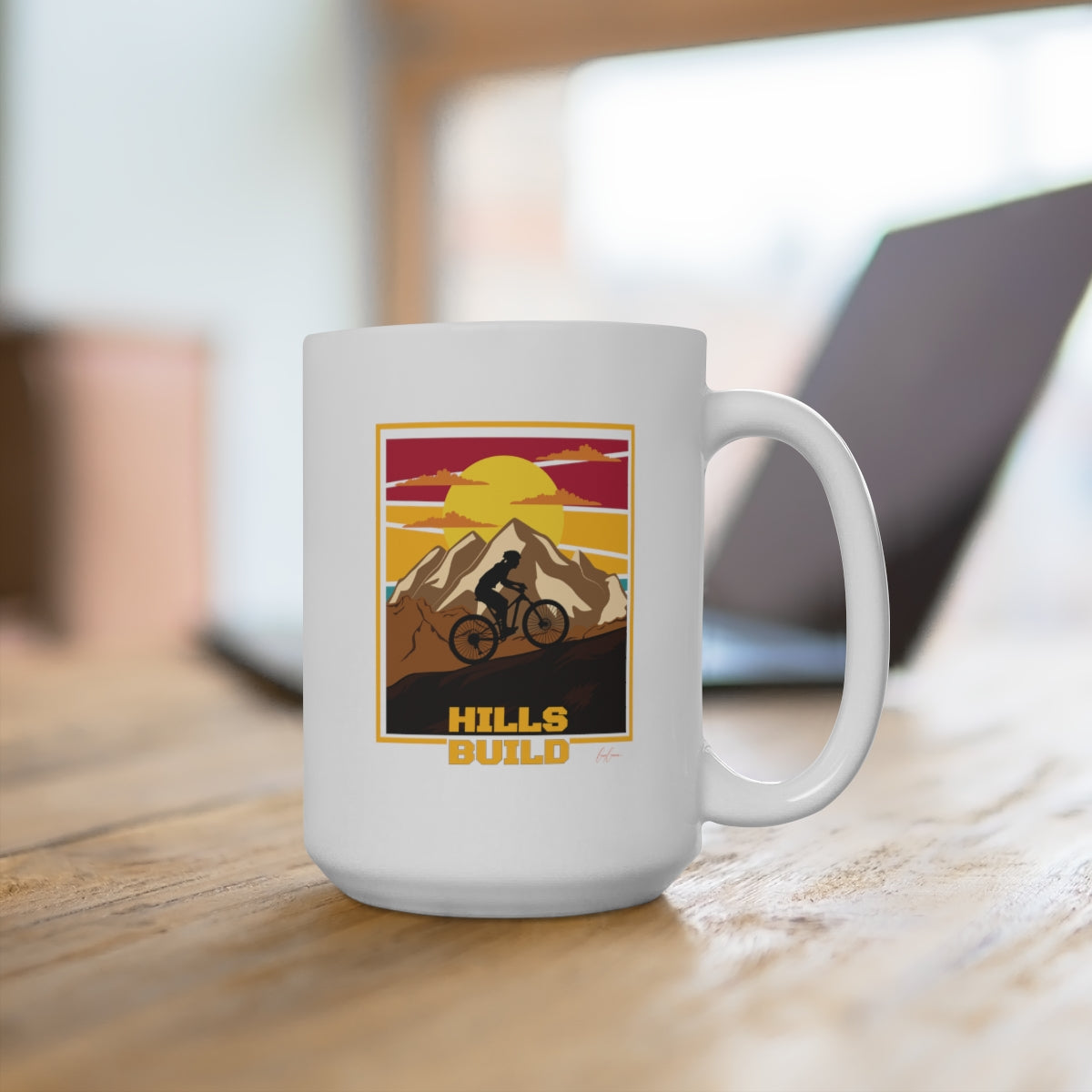 Hills Build Ceramic White Cycling Coffee Mug 15oz