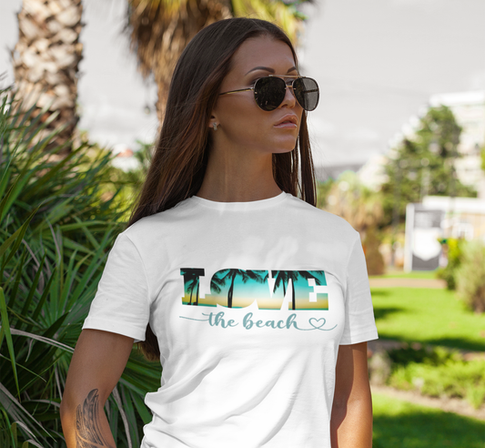 Woman-wearing-a-custom-tee-shirt-with-Love-the-Beach-design