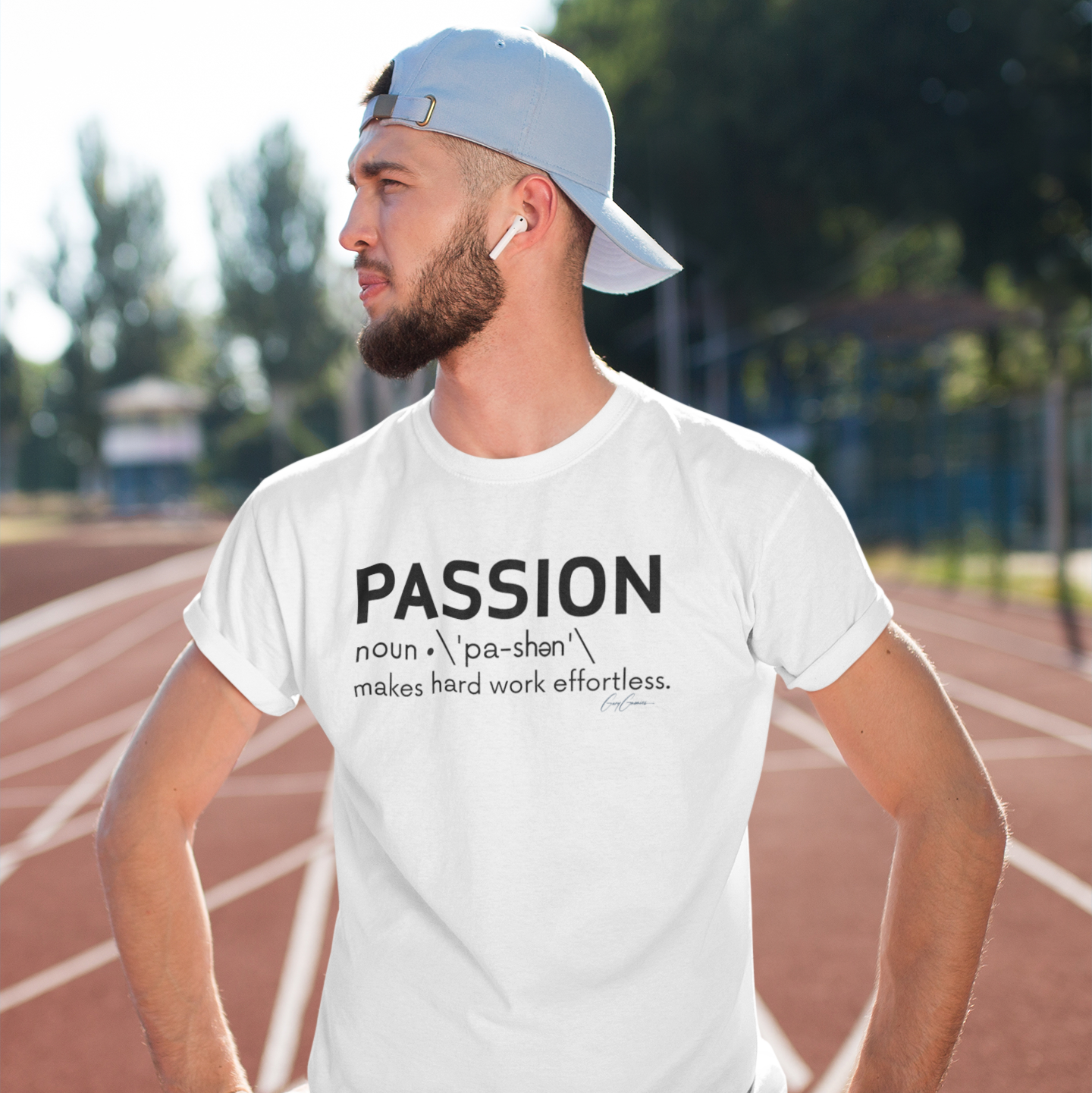 Runner-wearing-inspirational-tee-shirt-with-Passion-quote