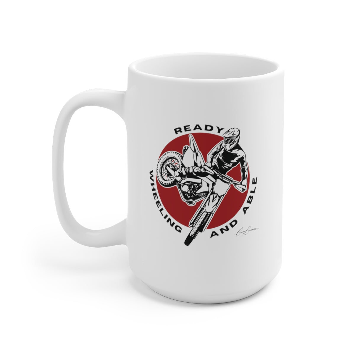 Ready Wheeling Able White Ceramic Motocross Coffee Mug 15oz