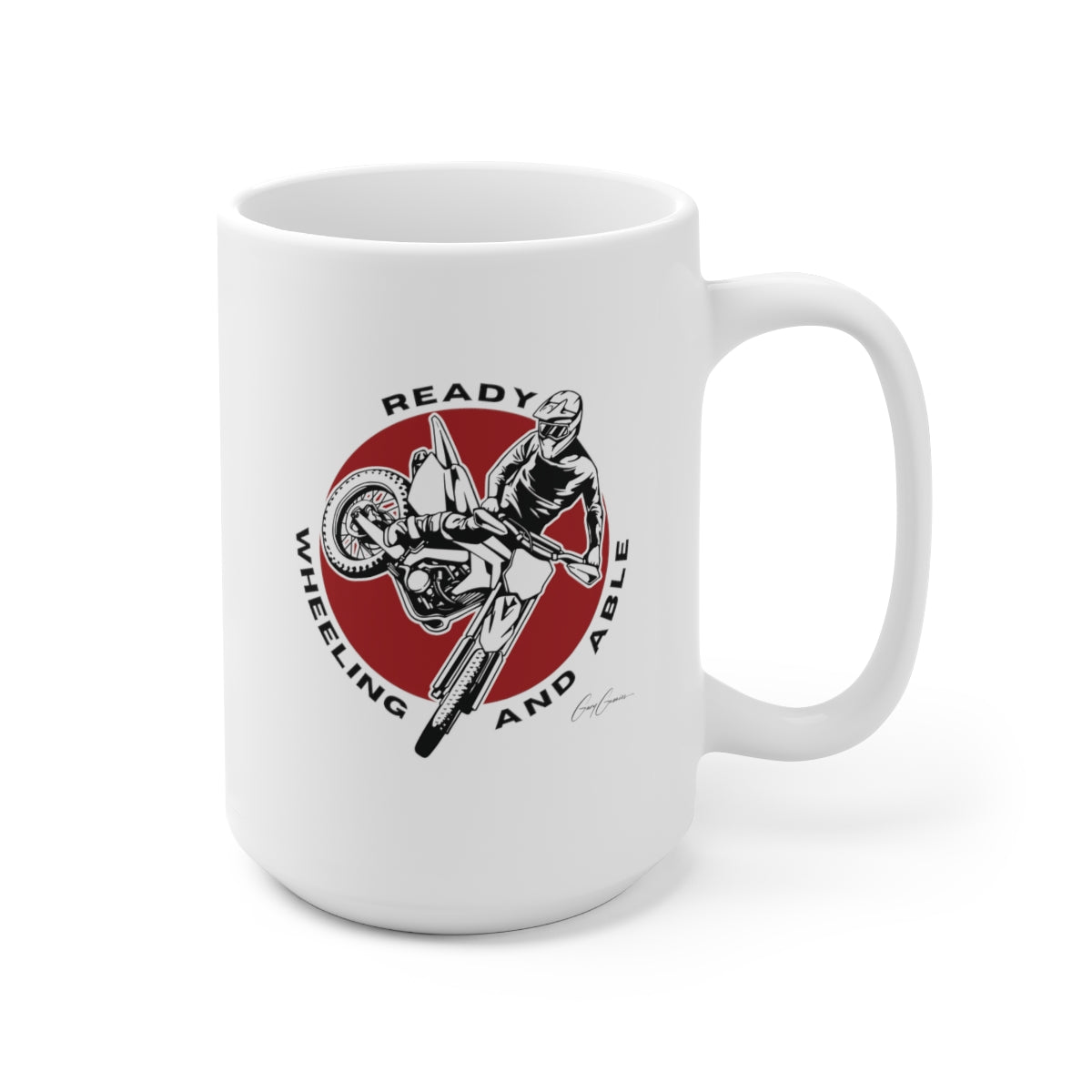 Ready Wheeling Able White Ceramic Motocross Coffee Mug 15oz