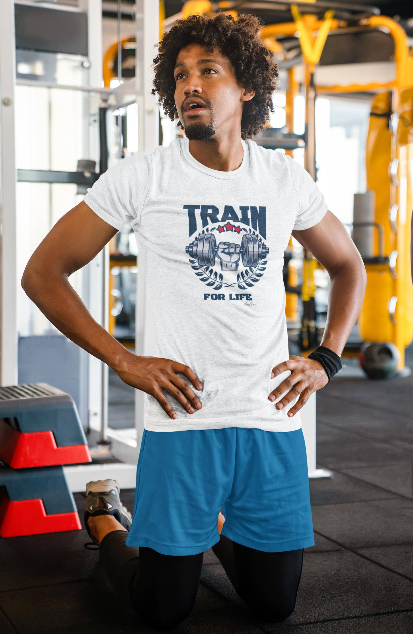 Man-Training-wearing-motivational-t-shirt-with-quote-Train-For-Life